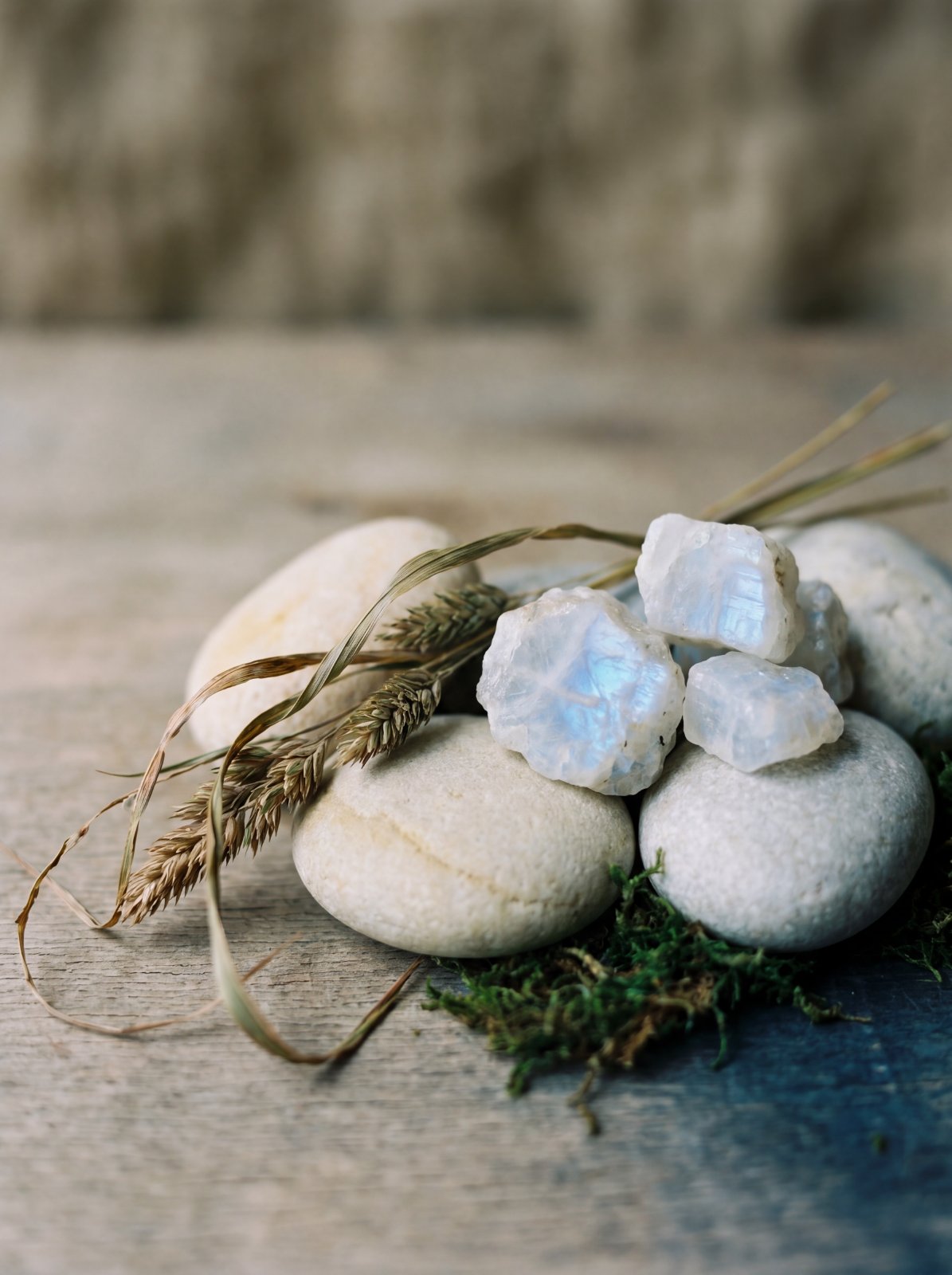 Raw moonstones on river pebbles with dried grass
