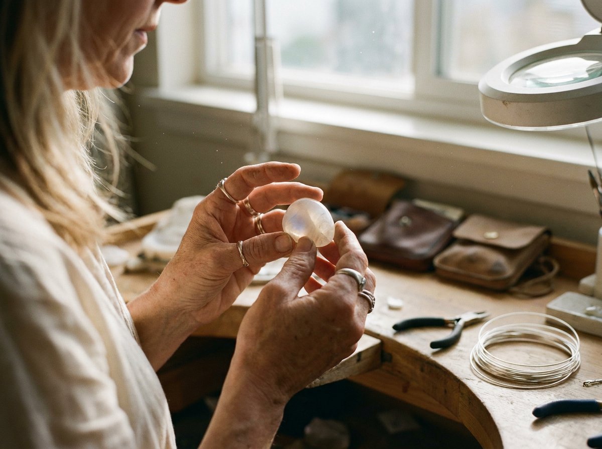Maker examining a moonstone by the workshop window