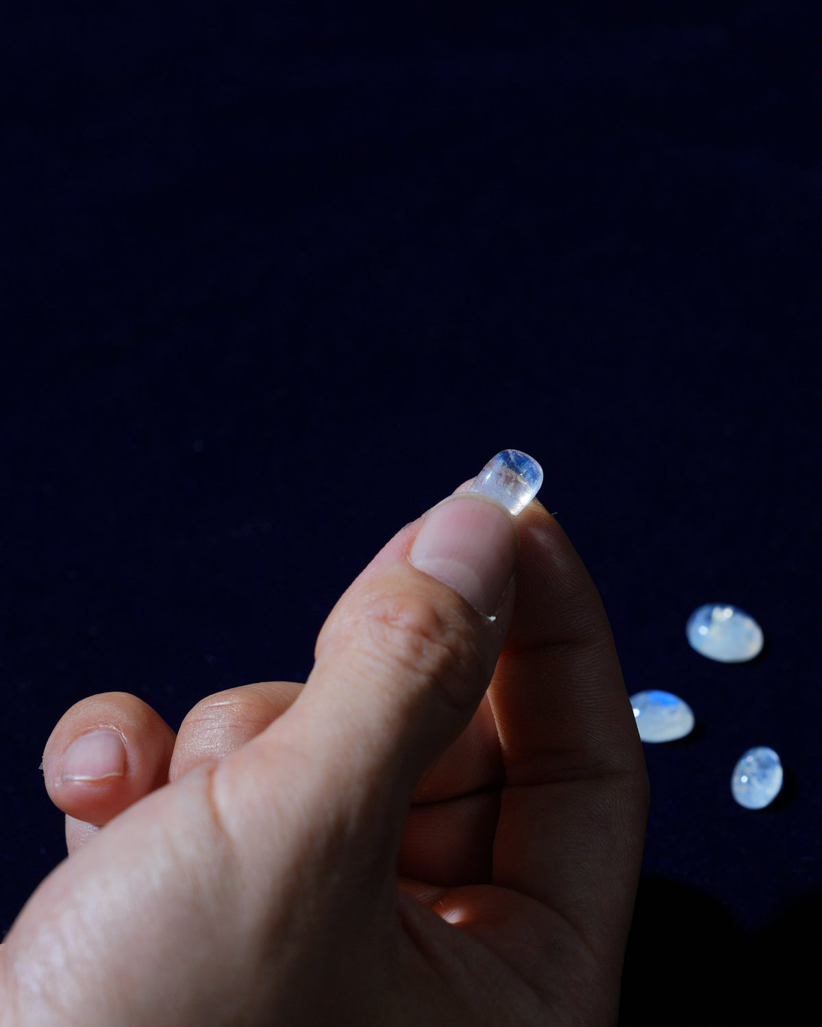 A hand holding one rainbow moonstone, with three more on the velvet