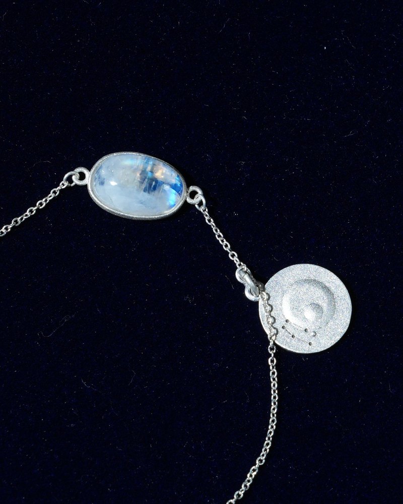 Rainbow moonstone and constellation coin of AV-0003, Gemini, close up