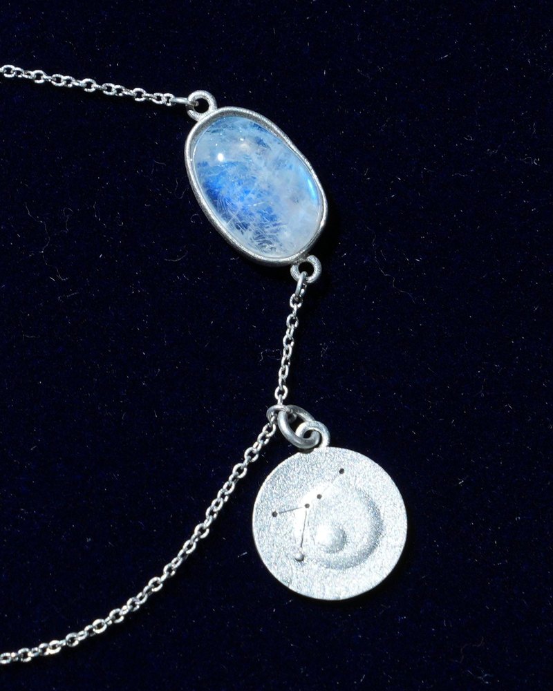 Rainbow moonstone and constellation coin of AV-0004, Cancer, close up