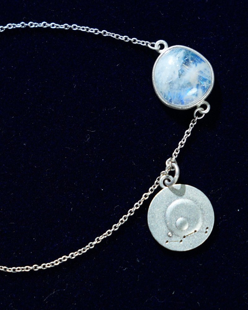 Rainbow moonstone and constellation coin of AV-0008, Scorpio, close up