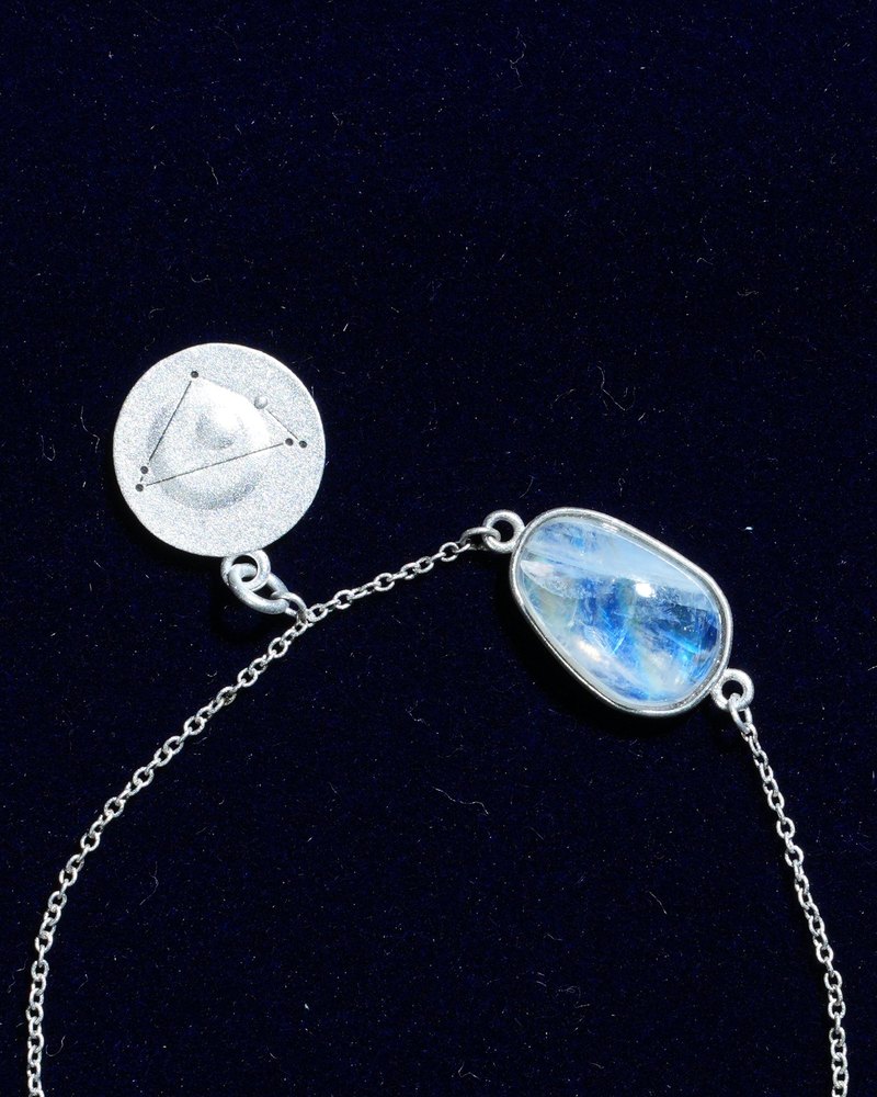 Rainbow moonstone and constellation coin of AV-0010, Capricorn, close up