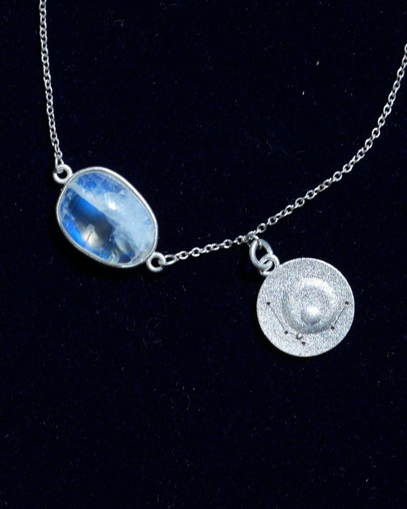Rainbow moonstone and constellation coin of AV-0011, Aquarius, close up