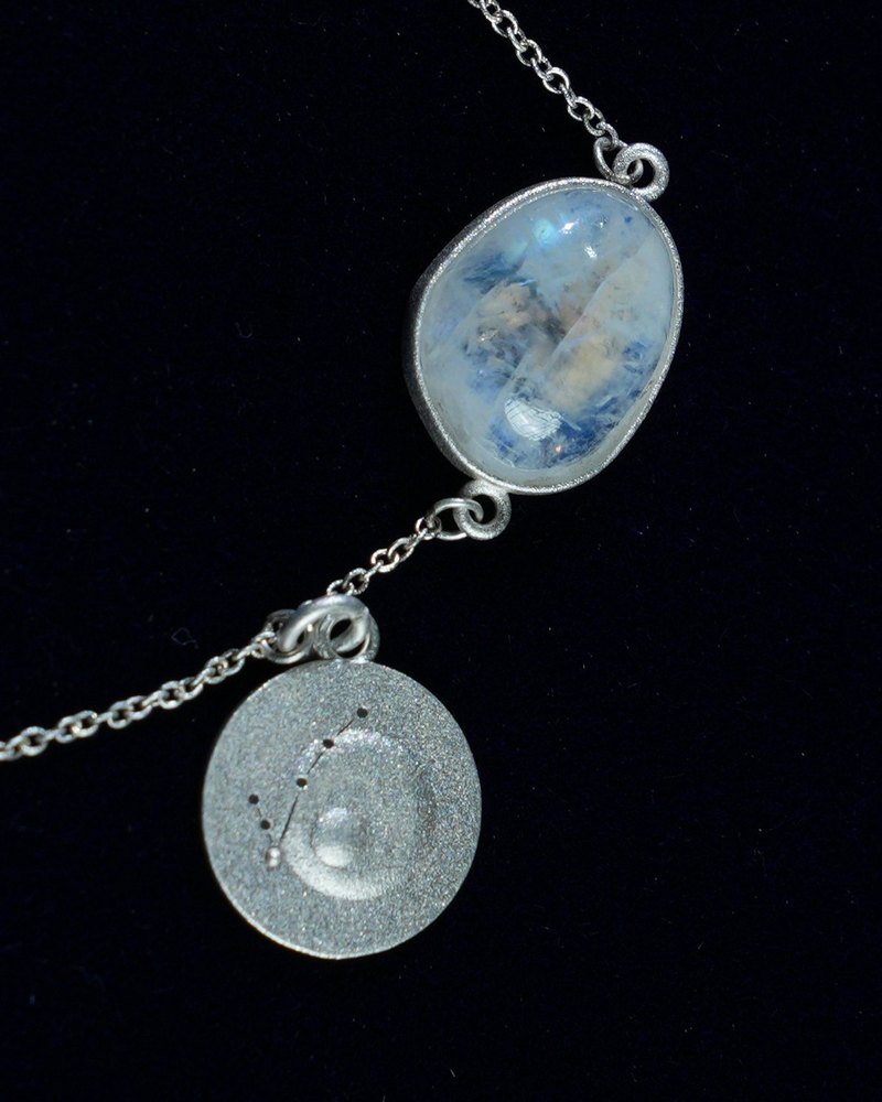 Rainbow moonstone and constellation coin of AV-0012, Pisces, close up