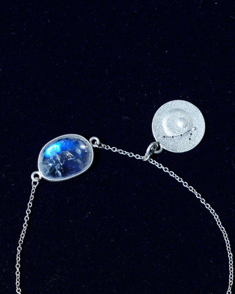 Rainbow moonstone and constellation coin of AV-0013, Pisces, close up