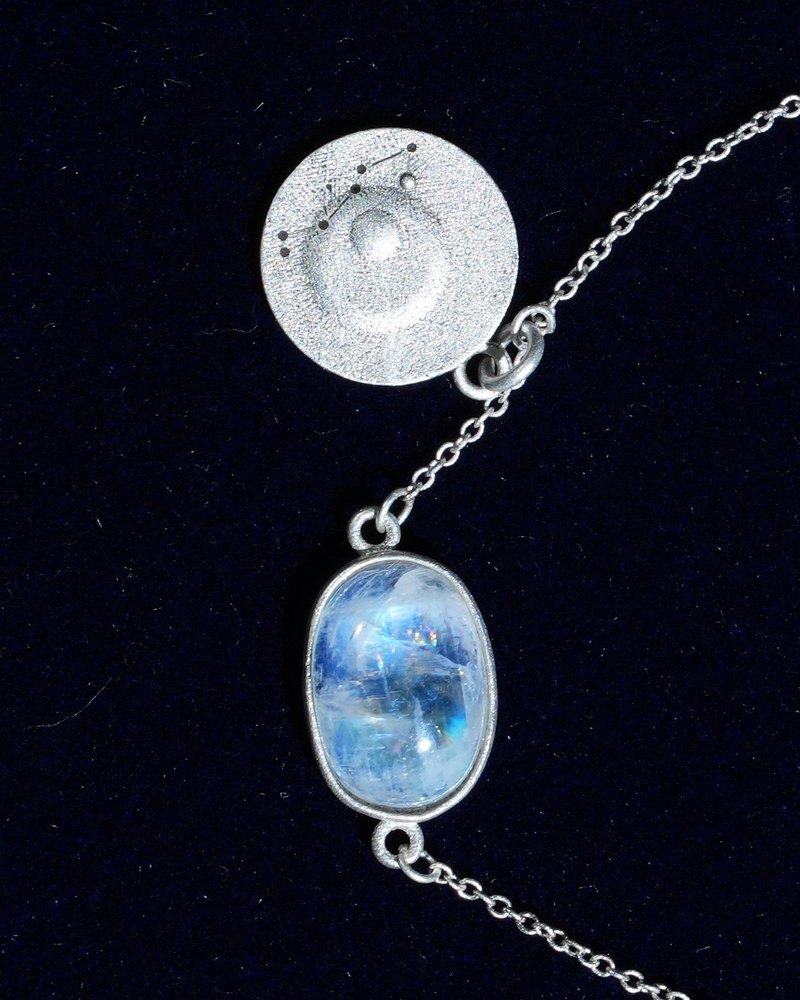 Rainbow moonstone and constellation coin of AV-0014, Scorpio, close up