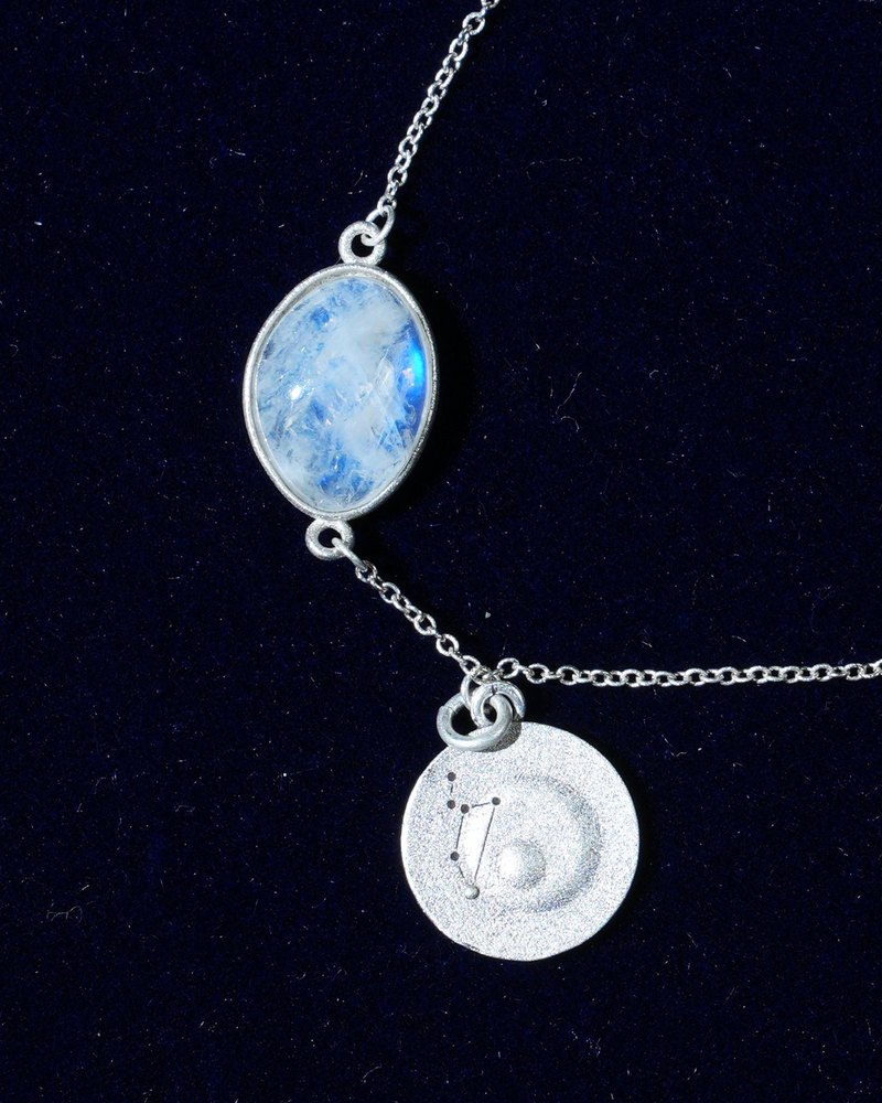 Rainbow moonstone and constellation coin of AV-0015, Leo, close up