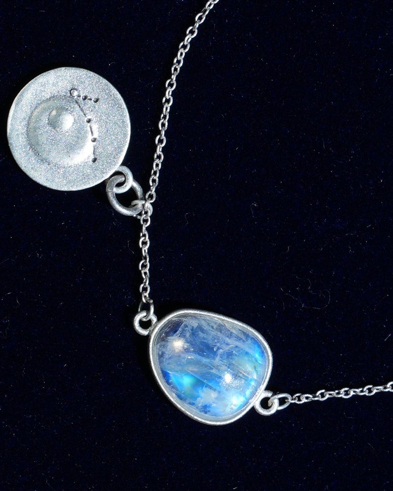 Rainbow moonstone and constellation coin of AV-0018, Pisces, close up