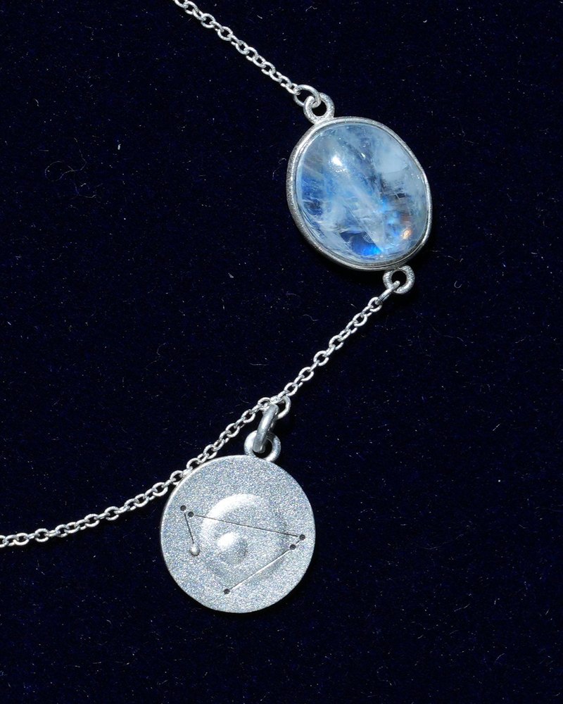 Rainbow moonstone and constellation coin of AV-0021, Capricorn, close up