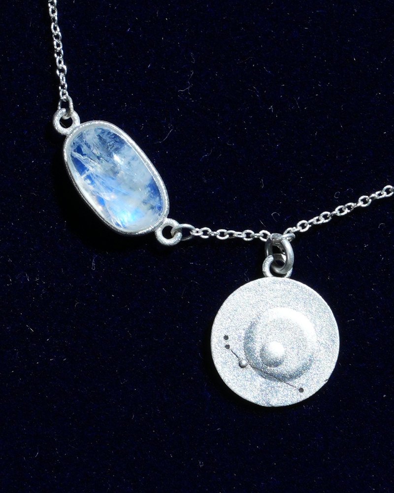 Rainbow moonstone and constellation coin of AV-0027, Aries, close up