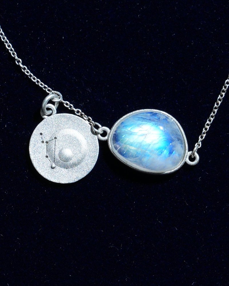 Rainbow moonstone and constellation coin of AV-0031, Leo, close up