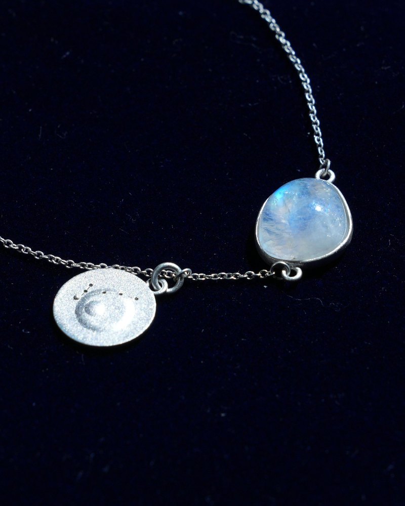 Rainbow moonstone and constellation coin of AV-0032, Pisces, close up