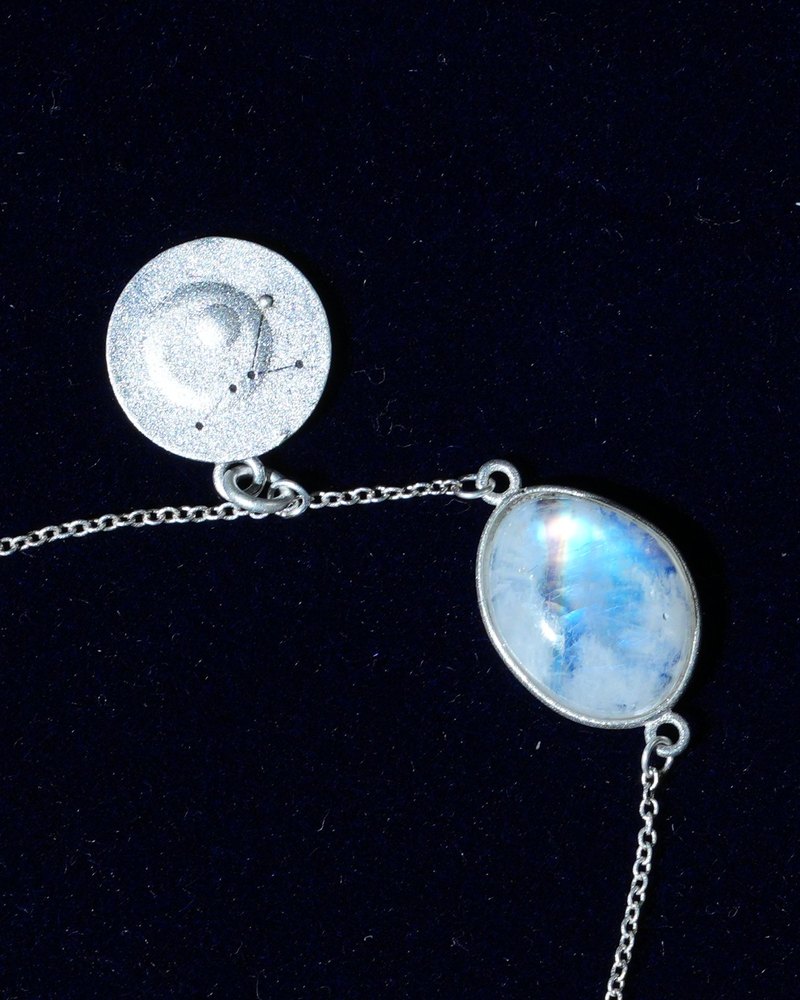 Rainbow moonstone and constellation coin of AV-0033, Cancer, close up