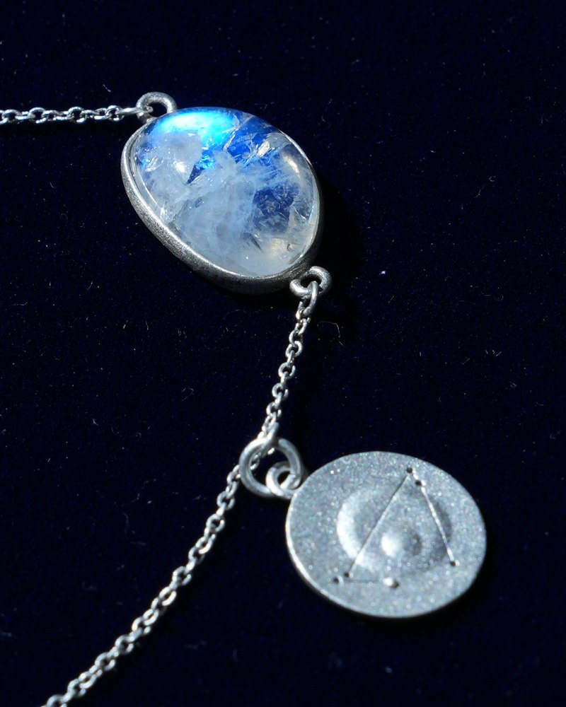 Rainbow moonstone and constellation coin of AV-0034, Capricorn, close up