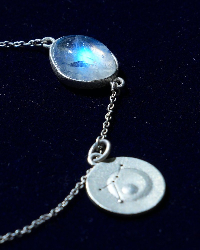 Rainbow moonstone and constellation coin of AV-0036, Cancer, close up