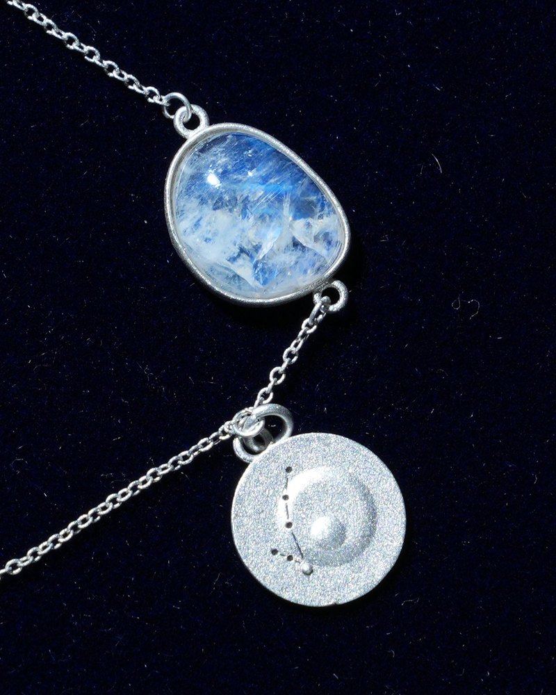 Rainbow moonstone and constellation coin of AV-0038, Pisces, close up