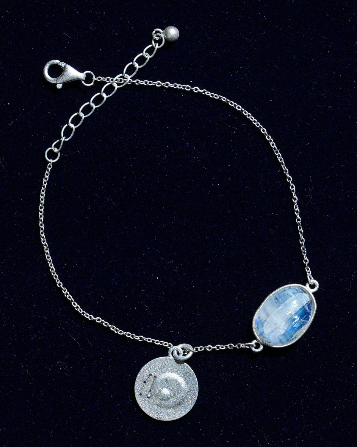 Moonstone bracelet AV-0024, Gemini, on navy velvet