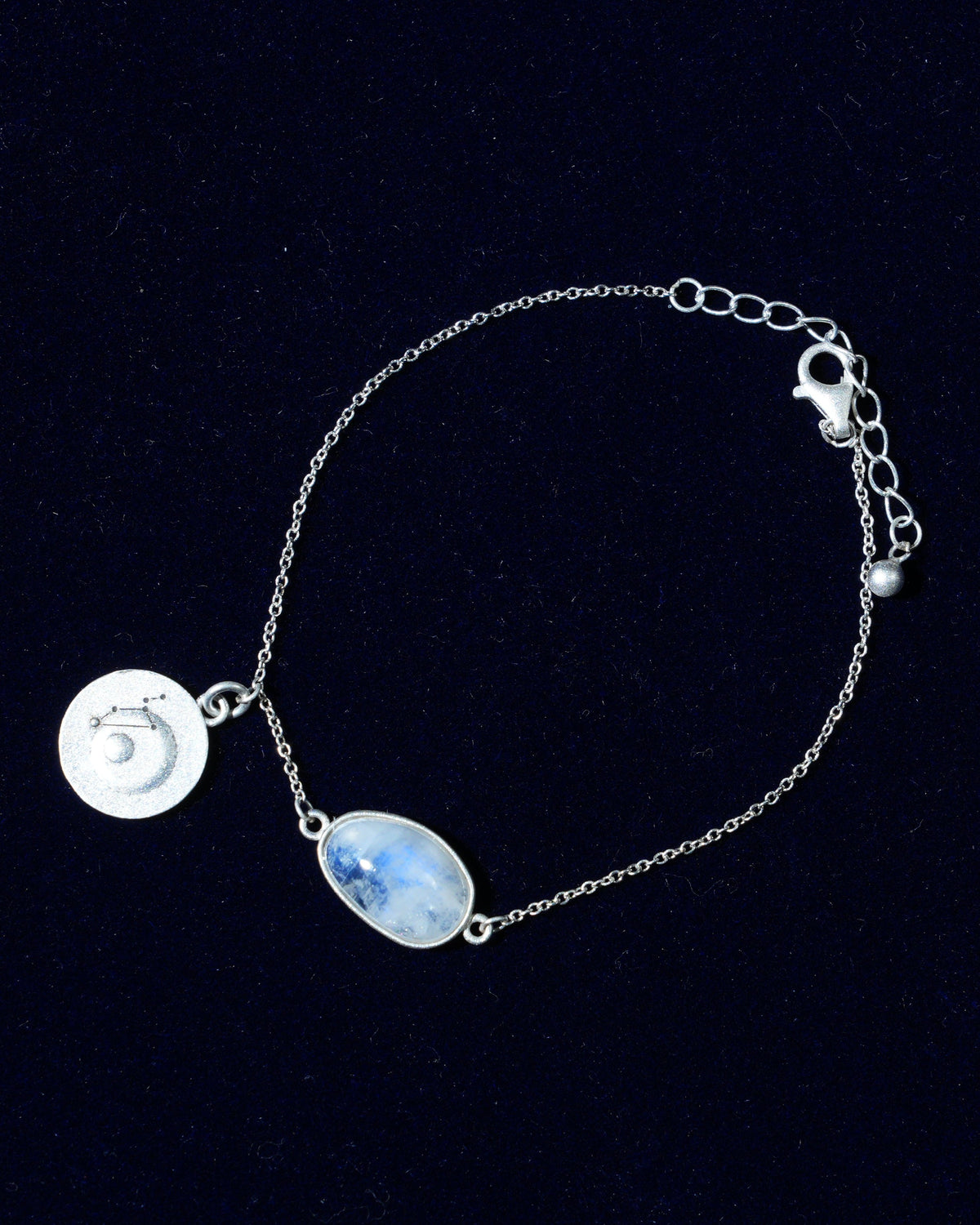 Moonstone bracelet AV-0005, Leo, on navy velvet