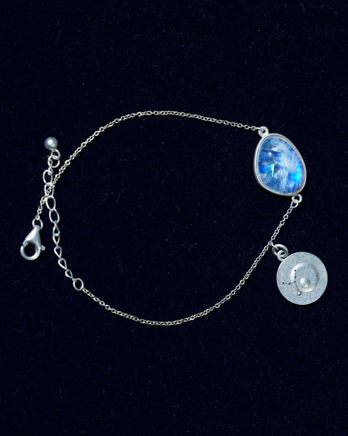 Moonstone bracelet AV-0006, Virgo, on navy velvet