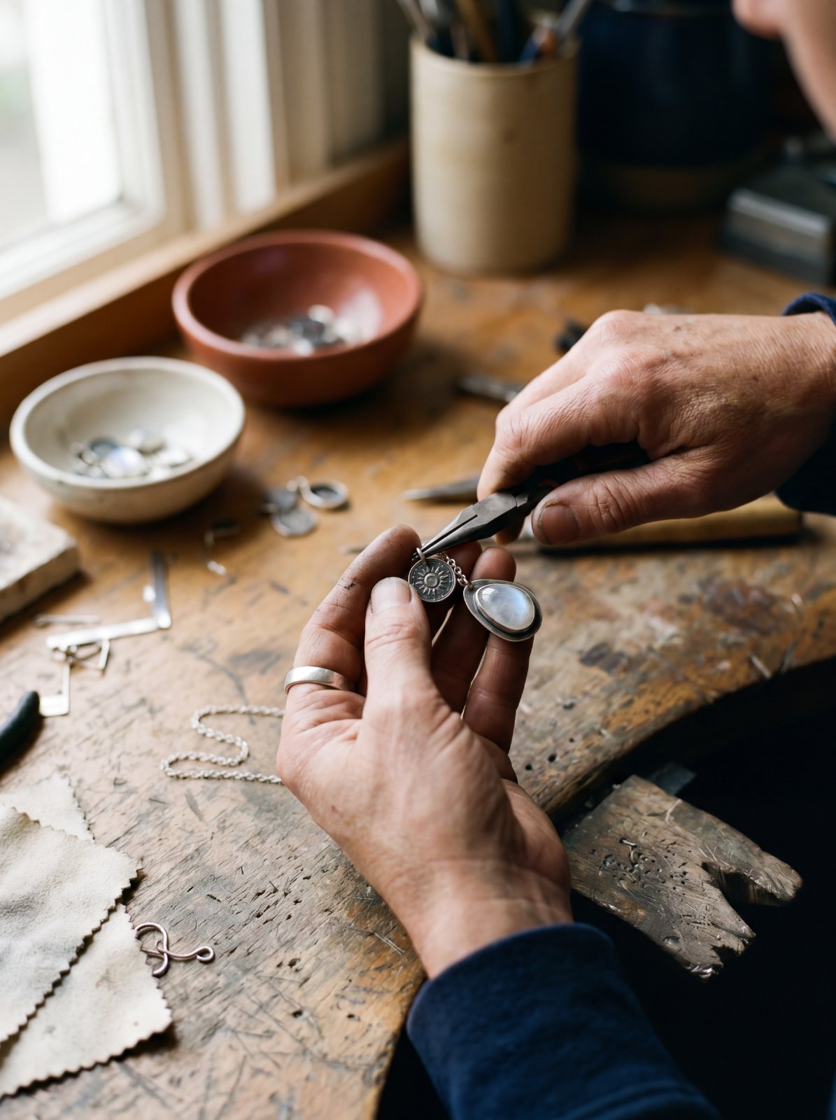 Assembling a bracelet at a workbench