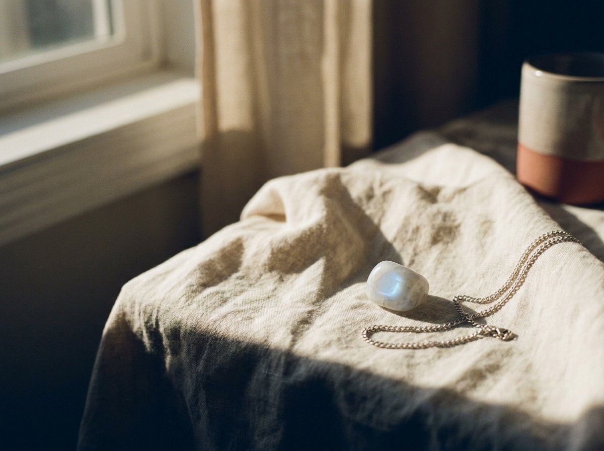 Moonstone and silver chain resting on linen in window light